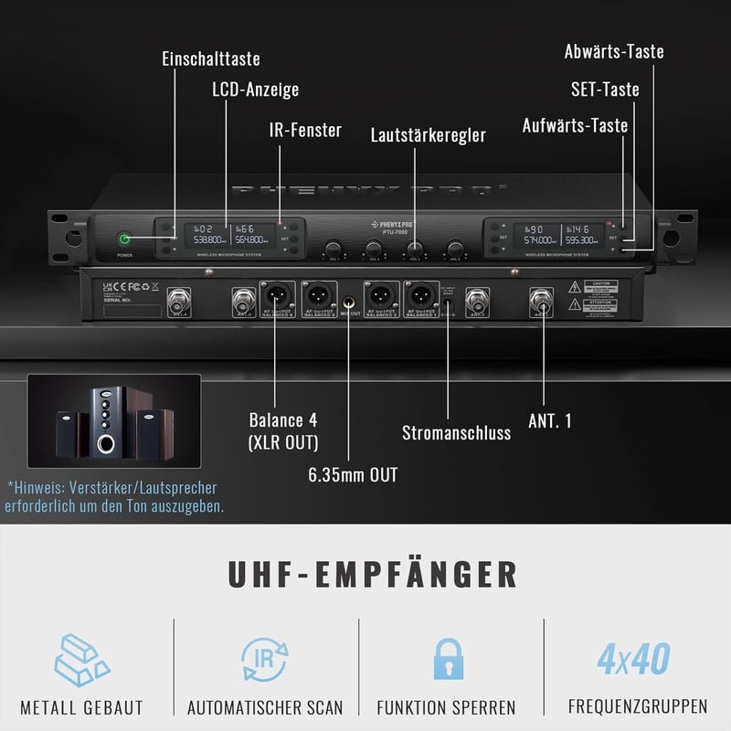 Phenyx Pro PTU-7000B Vezeték Nélküli Mikrofon Szett - 4 Csatornás UHF Rendszer 4 Testpack-kel, Fejhallgatós és Csíptetős Mikrofonokkal, 328 