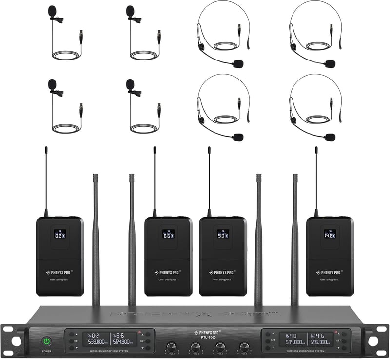 Phenyx Pro PTU-7000B Vezeték Nélküli Mikrofon Szett - 4 Csatornás UHF Rendszer 4 Testpack-kel, Fejhallgatós és Csíptetős Mikrofonokkal, 328 