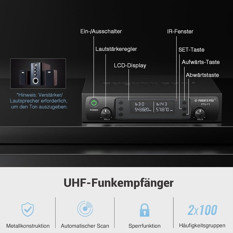 Phenyx Pro PTU-71A Wireless Mikrofon Rendszer 2x UHF Karaoke Egyházi