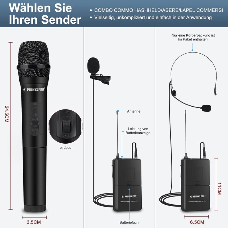 Phenyx Pro VHF Vezeték nélküli Mikrofon Szett - Kézi + Fejpánt + Gallér + Testcsatorna