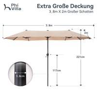 PHI VILLA Téglalap Alakú Kerti Napernyő 200x380 cm, Kurbellel, UV Védelemmel, Szélálló, Bézs 6