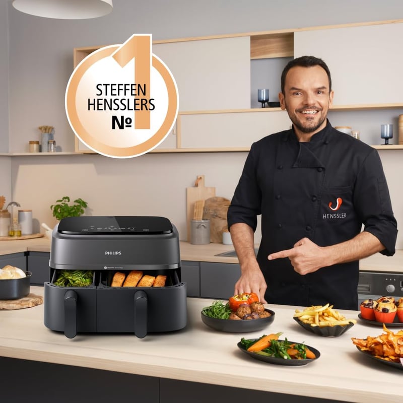 Philips Airfryer Dual Basket 3000 9L dupla kosár forró levegős sütő RapidAir Plus
