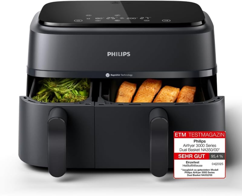 Philips Airfryer Dual Basket 3000 9L dupla kosár forró levegős sütő RapidAir Plus