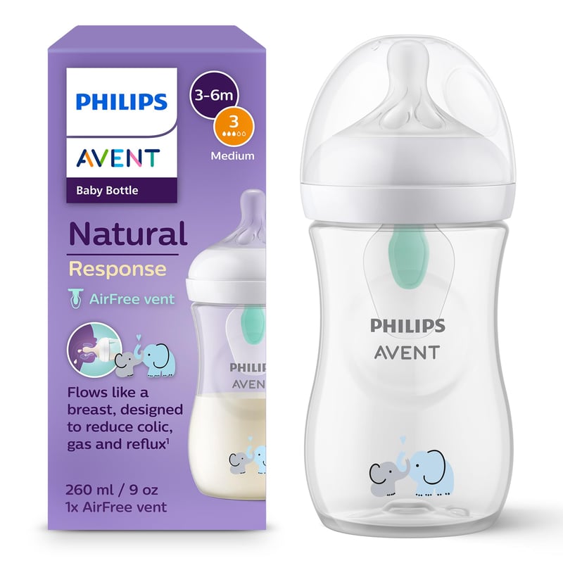 Dojčenská fľaša Philips Avent Natural Response SCY673/81 s ventilom AirFree, 260 ml, bez BPA, so vzorom slona, od 1 mesiaca