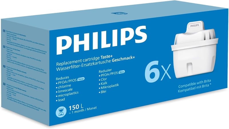 Cartuș de filtrare a apei Philips AWP212/31 Micro X-Clean, pachet de 6 bucăți – împotriva microplasticelor, clorului, calcarului și metalelor grele, compatibil cu Brita Maxtra