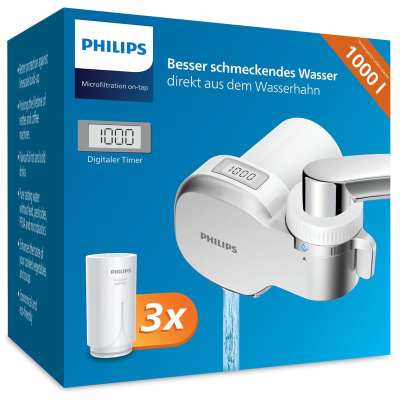 Filtru de apă Philips AWP3705P3/10 cu montare pe robinet, microfiltrare, afișaj digital și 3 cartușe de schimb, capacitate de filtrare 1000 L