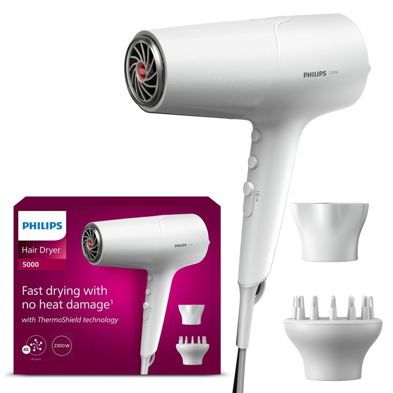 Uscător de păr Philips BHD500/20 Seria 5000 cu tehnologie ThermoShield, ionizare, 2100W, alb, cu concentrator și difuzor