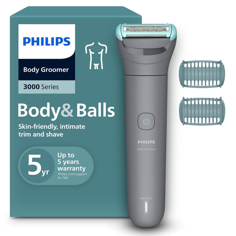 Aparat de tuns corporal pentru bărbați Philips Bodygroom seria 3000 BG3480/15, cu protecție triplă, bărbierit și tundere, 100% rezistent la apă, autonomie 80 de minute