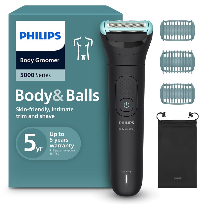 Aparat de tuns corporal pentru bărbați Philips Bodygroom Seria 5000 BG5470/15, cu protecție triplă pentru zonele intime, 100% rezistent la apă, autonomie 100 minute