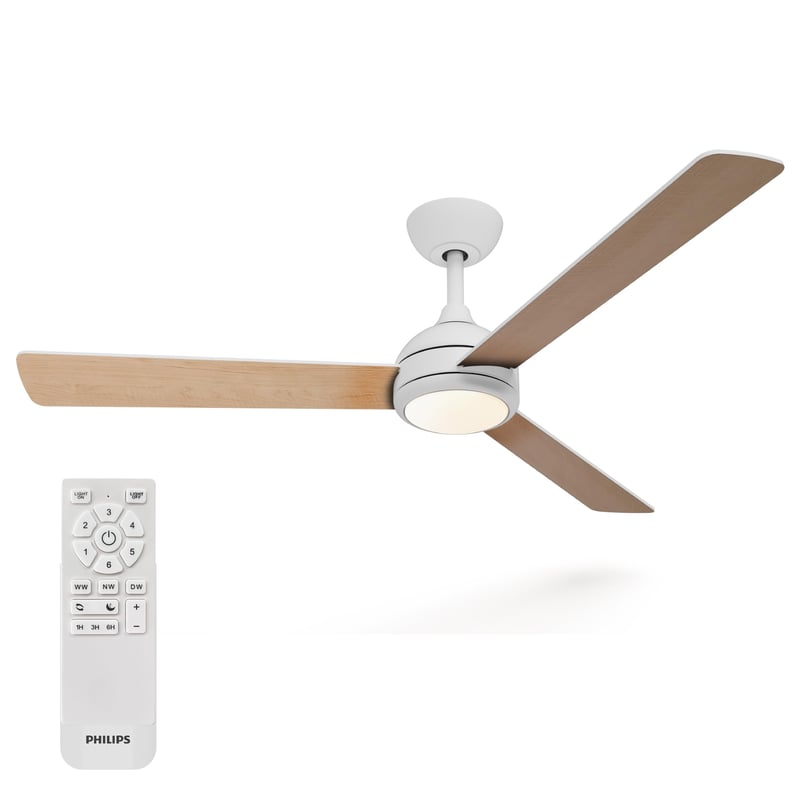 Stropný ventilátor Philips Civx LED s diaľkovým ovládaním, 3 lopatky, 132 cm, 2500 lm, 3 farby bieleho svetla (3000K/4500K/6500K), biela/svetlé drevo