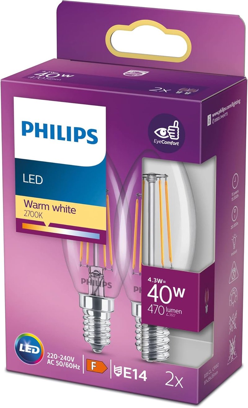 Philips Classic LED gyertya E14 40W meleg fehér 2700K 470 lumen 2db - 2 pieces (Pack of 1), 40w, Non-dimmable