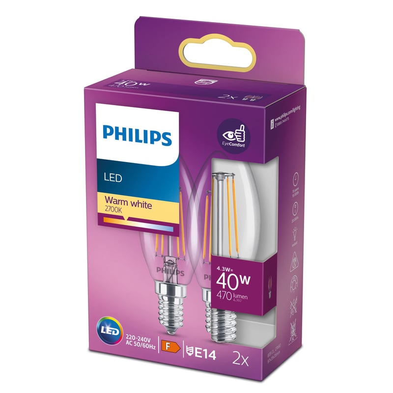 Philips Classic LED svijeća žarulja E14 40W topla bijela 2700K - 2 kom.