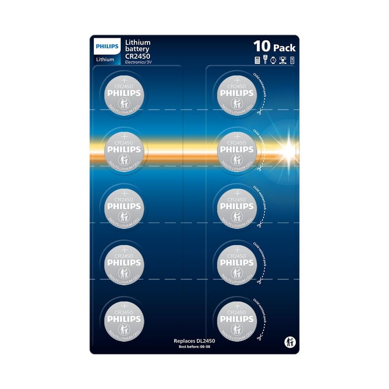 Baterie tip pastilă cu litiu Philips CR2450 3V - Pentru dispozitive medicale, jucării și brelocuri, 10 bucăți