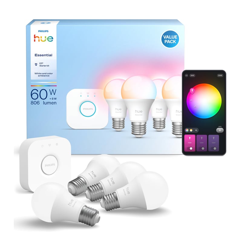 Štartovacia súprava Philips Hue Essential Bridge + 4× inteligentná žiarovka E27, biele a farebné svetlo, 2200-6500K, stmievateľná LED žiarovka, kompatibilná s hlasovým ovládaním