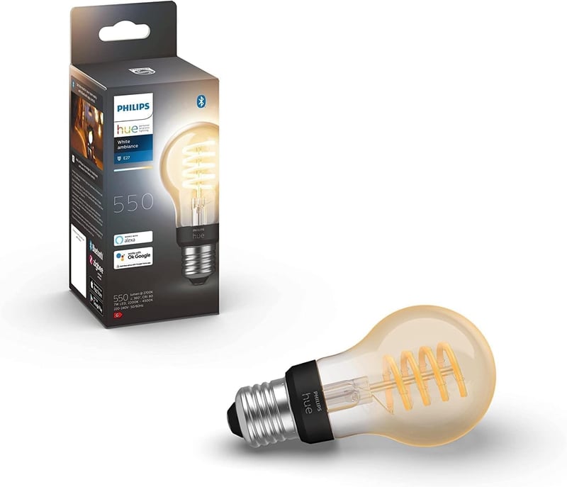 LED žiarovka Philips Hue White Ambiance Filament A60 E27, 7 W, Bluetooth, stmievateľná, nastaviteľné biele svetlo, teplá a studená biela