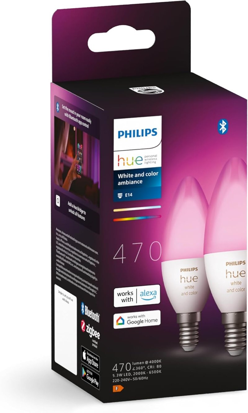 Philips Hue White & Color Ambiance E14 LED izzó 2db, dimmer, 16 millió szín, Alexa kompatibilis