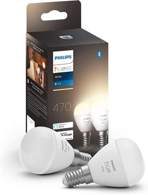 Bec LED Philips Hue White E14 Luster, 470 lm, reglabil, lumină albă caldă, controlabil prin aplicație, compatibil cu Amazon Alexa, 2 buc.