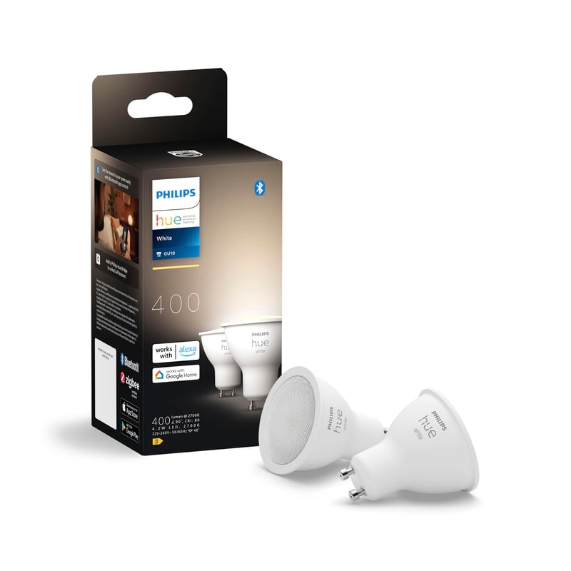 Philips Hue White GU10 LED bodové svietidlo, 2 ks (400 lm), stmievateľná inteligentná žiarovka s teplým bielym svetlom, s ovládaním hlasom a aplikáciou
