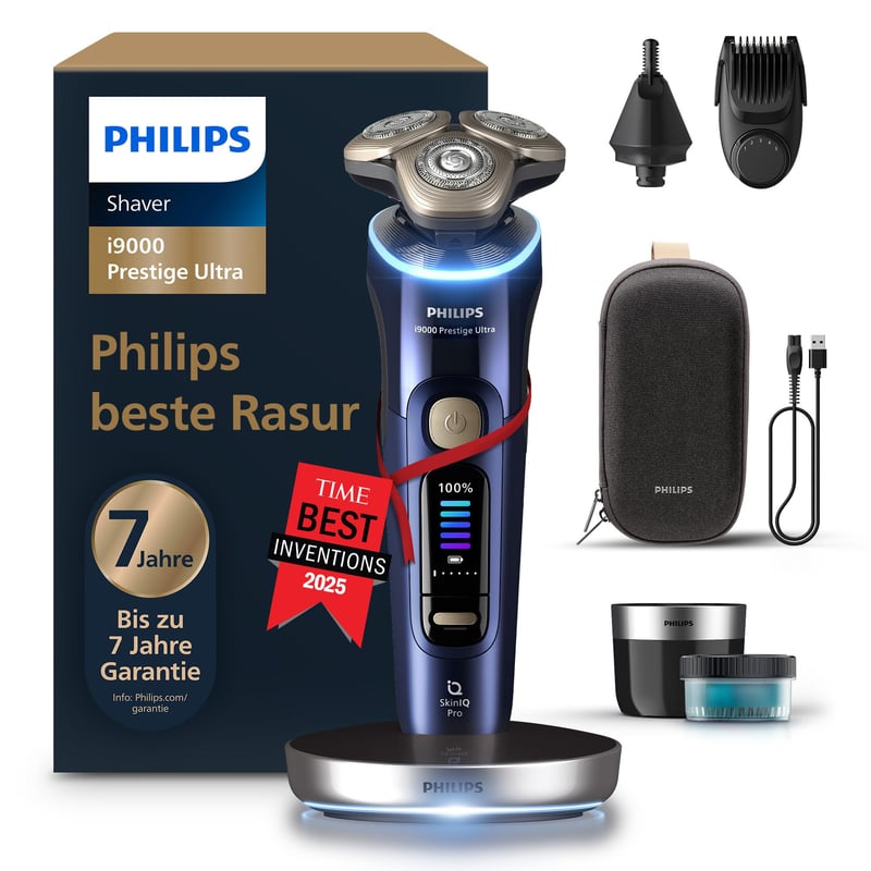 Aparat de ras umed și uscat pentru bărbați Philips i9000 Prestige Ultra, senzor de presiune și mișcare, 5+1 accesorii pentru stilizarea bărbii, mașină de tuns pentru nas, stație de curățare, XP9401/38