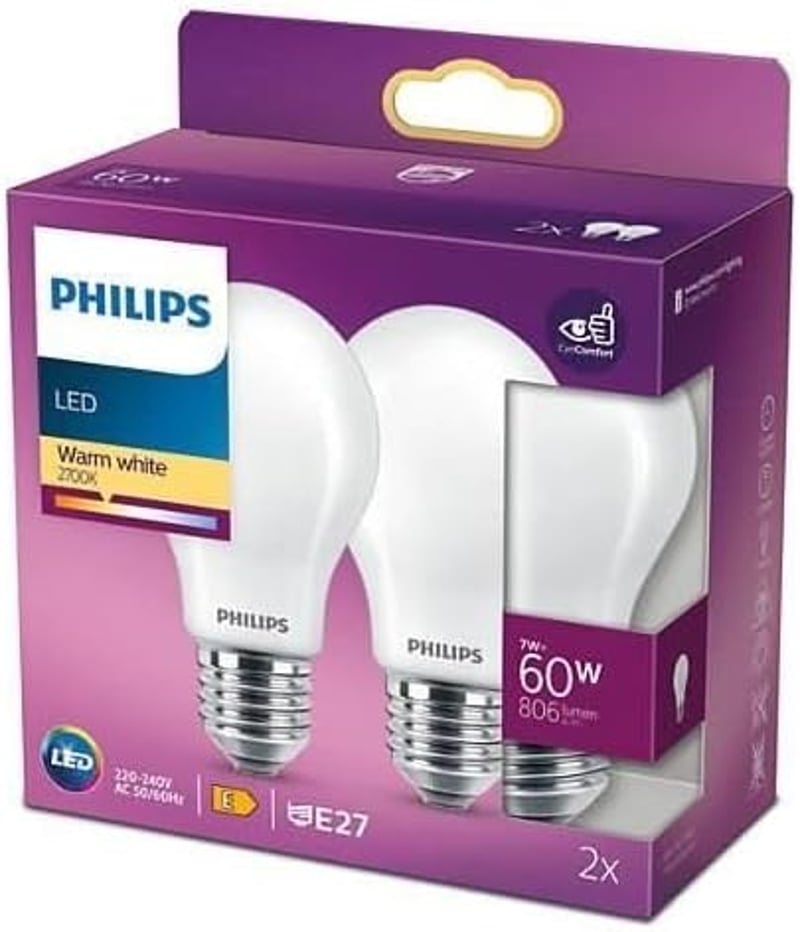 Philips LED Classic E27 60W Meleg Fehér Izzó Matt 2db