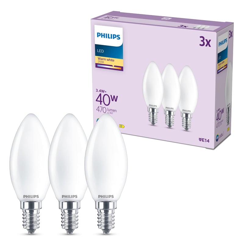 Bec LED lumânare Philips E14 B35 470 lm 40W Alb cald 2700K Mat set 3 bucăți durată lungă de viață
