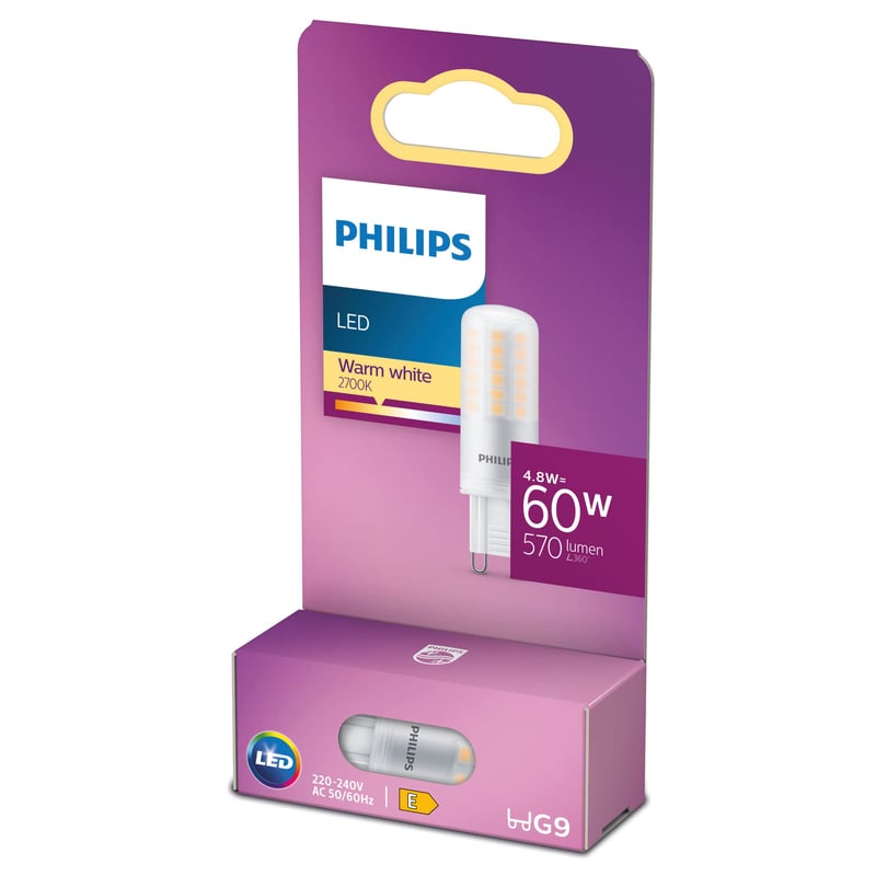 LED kapsulová žiarovka Philips so závitom G9, 4,8 W, náhrada za 60 W – teplá biela (2700 K)