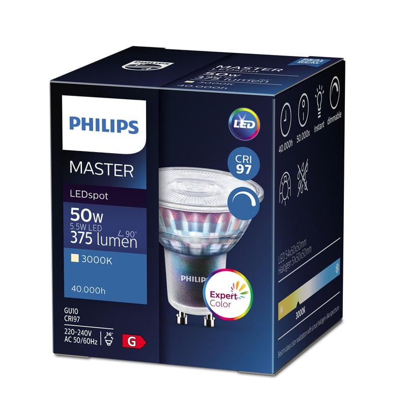LED žiarovka Philips MASTER LEDspot ExpertColor 5,5-50W GU10 930 36D 3000K CRI97 teplá biela reflektorová žiarovka 220-240V