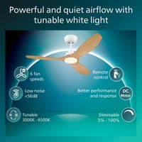 Ventilator de tavan PHILIPS cu 3 palete, iluminare LED, 132 cm, 2650 lm, alb reglabil 3000-6500 K, reglabil până la 5%, cu telecomandă, lemn alb 2