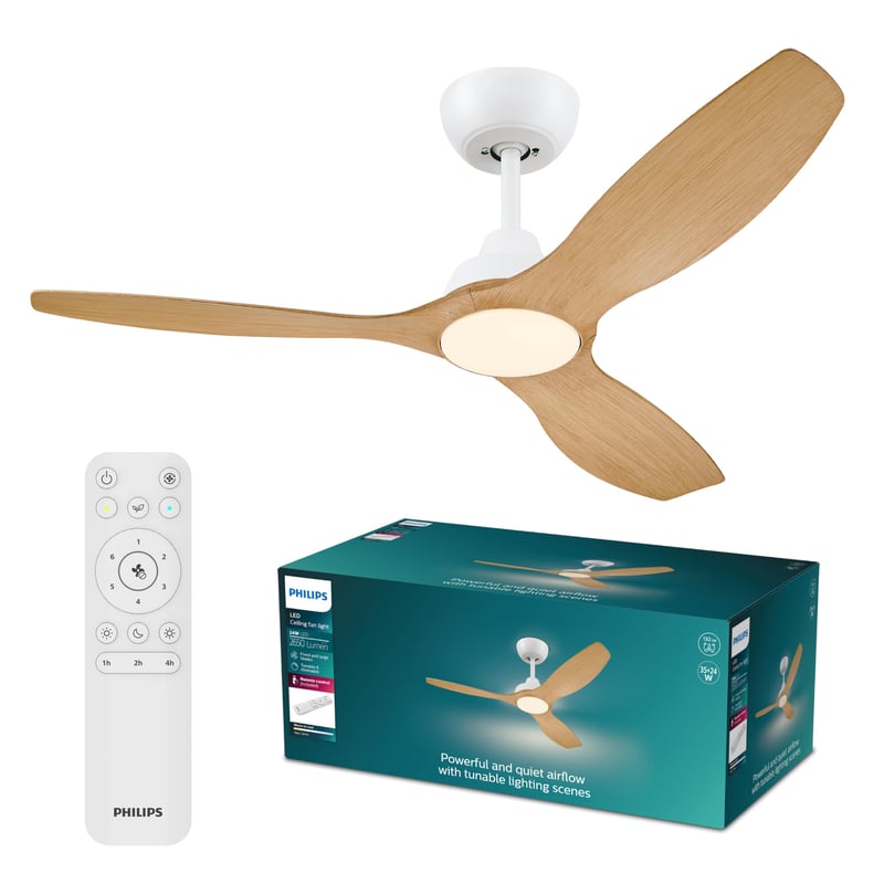 Ventilator de tavan PHILIPS cu 3 palete, iluminare LED, 132 cm, 2650 lm, alb reglabil 3000-6500 K, reglabil până la 5%, cu telecomandă, lemn alb