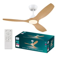 Stropný ventilátor PHILIPS, 3 lopatky, 52 palcov, s LED svetlom 28 W, bielo-drevený, s diaľkovým ovládaním, 3000 K, 4300 K, 6500 K, s jednosmerným motorom a stmievačom 1