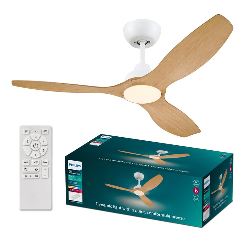 Stropný ventilátor PHILIPS, 3 lopatky, 52 palcov, s LED svetlom 28 W, bielo-drevený, s diaľkovým ovládaním, 3000 K, 4300 K, 6500 K, s jednosmerným motorom a stmievačom