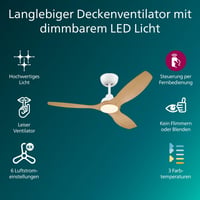 Stropný ventilátor PHILIPS, 3 lopatky, 52 palcov, s LED svetlom 28 W, bielo-drevený, s diaľkovým ovládaním, 3000 K, 4300 K, 6500 K, s jednosmerným motorom a stmievačom 2