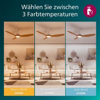 Stropný ventilátor PHILIPS, 3 lopatky, 52 palcov, s LED svetlom 28 W, bielo-drevený, s diaľkovým ovládaním, 3000 K, 4300 K, 6500 K, s jednosmerným motorom a stmievačom 6