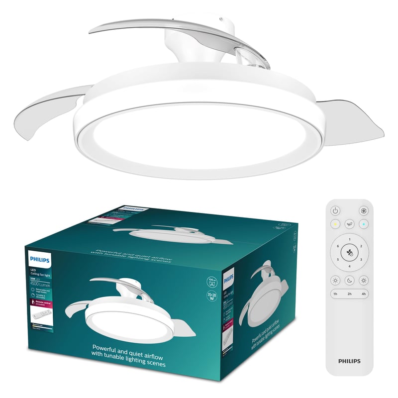Stropný ventilátor PHILIPS so zasúvateľnými lopatkami a LED osvetlením, nastaviteľná teplota svetla 3000K – 6500K, 4500 lm, stmievateľný, s diaľkovým ovládaním