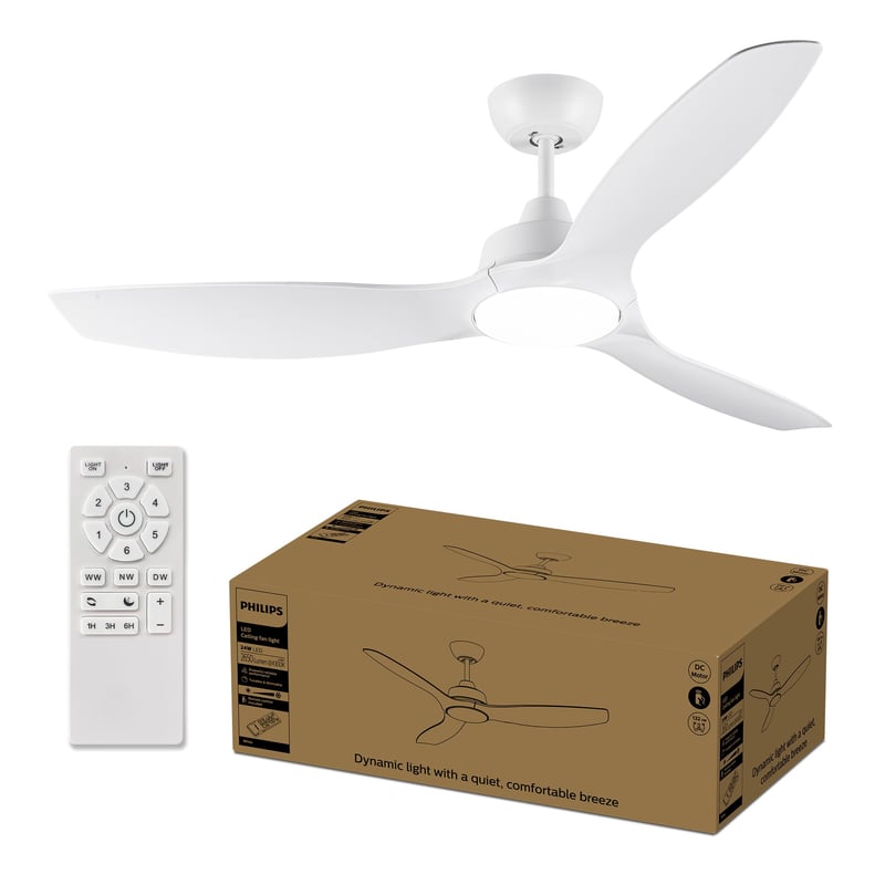 Stropný ventilátor so svetlom Philips, 132 cm (52 palcov), pevné lopatky, 35 W + 24 W, biela farba, polozapustená montáž