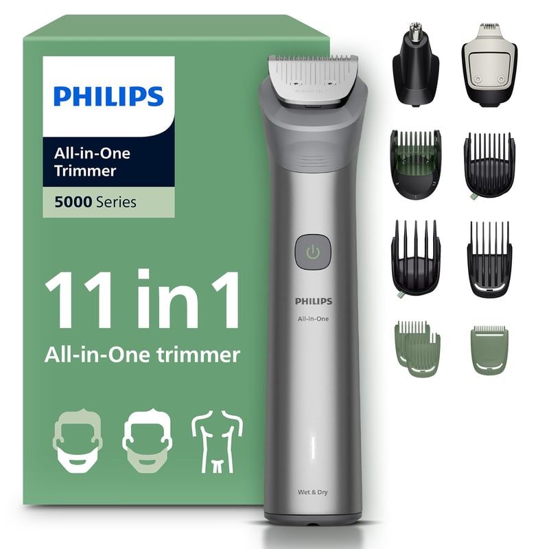 Aparat de tuns 11-în-1 PHILIPS Multigroom Series 5000 MG5951/15 pentru față, păr și corp, lame din metal cu auto-ascuțire, 17 setări de lungime (0,5-16 mm)