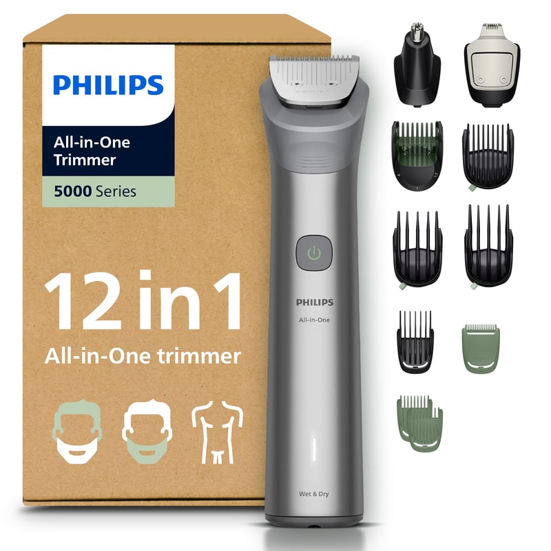 Aparat de tuns 12-în-1 PHILIPS Multigroom Series 5000 MG5952/30 pentru barbă, păr și corp, lame metalice auto-ascuțite, 20 setări de lungime (0,5-20 mm)