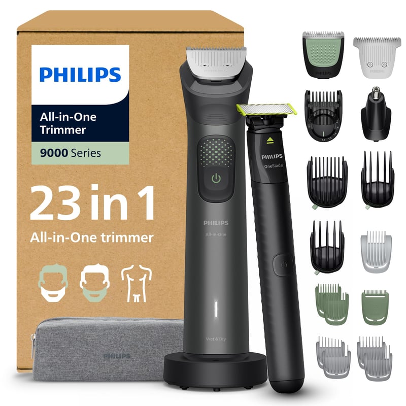 Multifunkčný zastrihávač Philips Multigroom Series 9000 MG9561/30, 23-dielna súprava – Zastrihávač na bradu, vlasy a telo, 27 nastavení dĺžky (0,2 – 20 mm), OneBlade