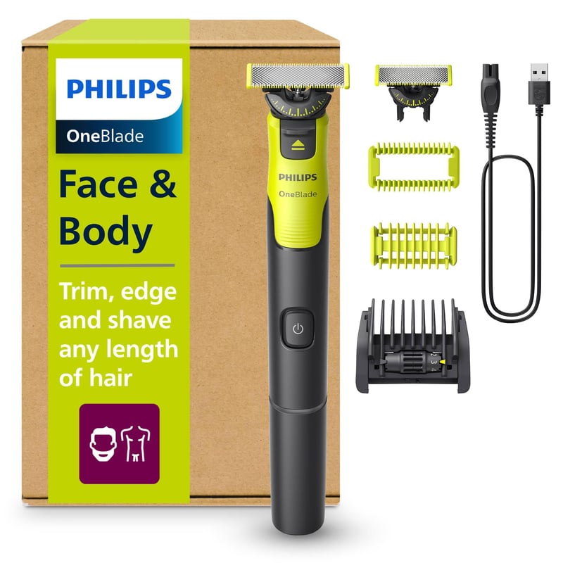 Aparat de ras electric și trimmer corporal Philips OneBlade 360 Face & Body, cu 2 lame 360, pieptene reglabil, kit pentru corp, QP4631/30