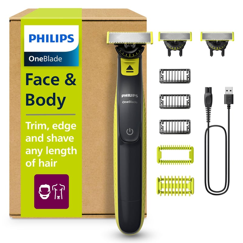 Elektrický holiaci strojček, zastrihávač a telový groomer Philips OneBlade 360 Face & Body, 3x 360 čepeľ, 3x nadstavec na zastrihávanie (1/3/5 mm), 2x nadstavec na telo, mokré a suché holenie (QP2824/31)