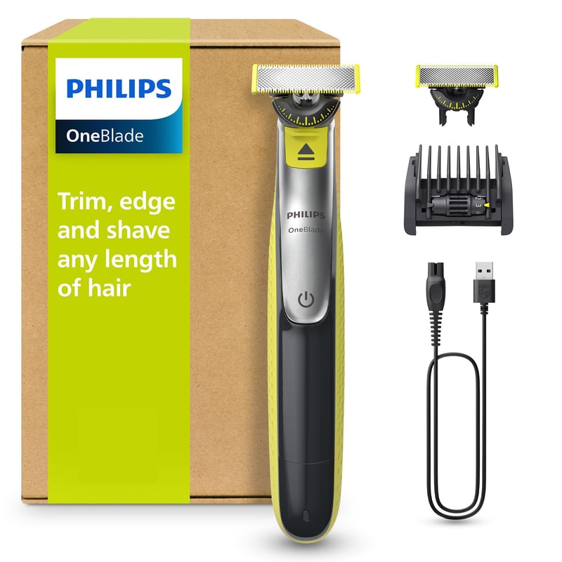Aparat de ras și tuns electric Philips OneBlade 360 Face QP2734/30 - 2x lamă de schimb 360, pieptene reglabil 5-în-1, utilizare umedă și uscată, baterie USB