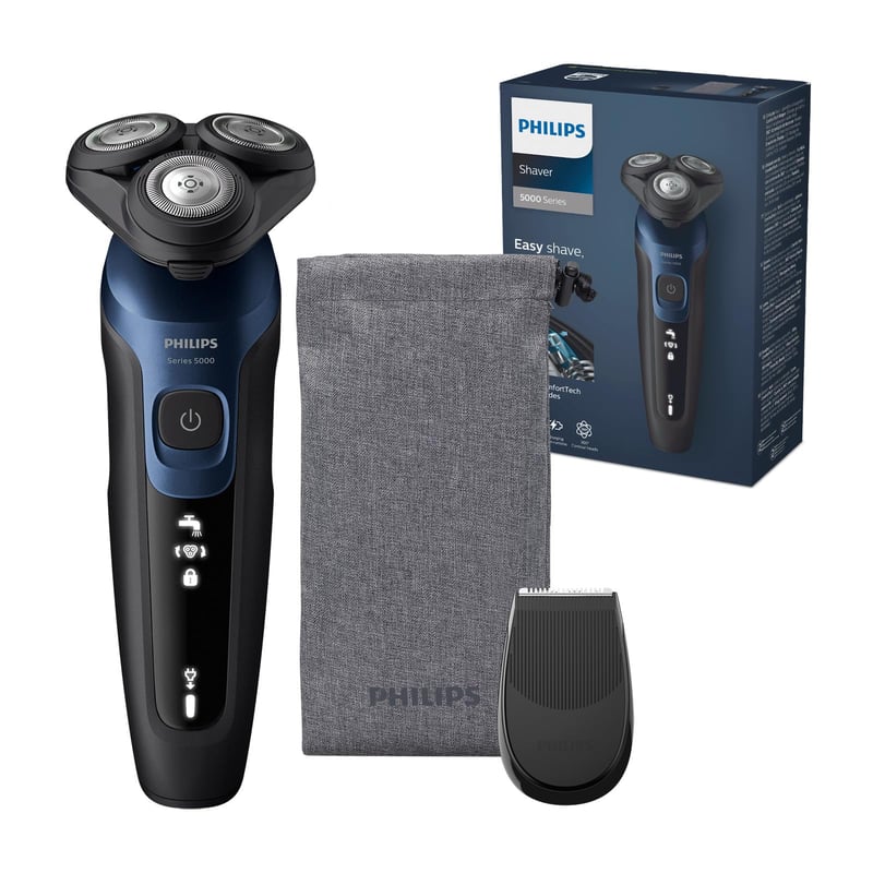 Aparat de ras electric pentru bărbați Philips Shaver Series 5000 S5465/18 – bărbierit umed și uscat, albastru metalizat, cu trimmer de precizie și husă de călătorie