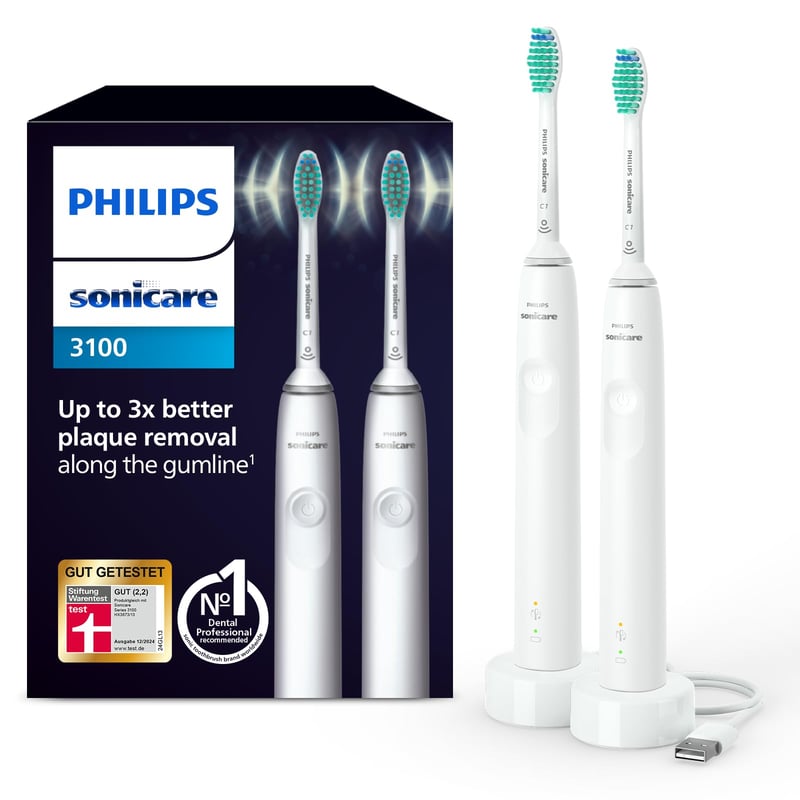 Elektrická zubná kefka Philips Sonicare 3100 HX3675/13, sonická zubná kefka, so snímačom tlaku a časovačom, biela, balenie 2 ks