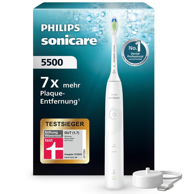 Periuță de dinți electrică Philips Sonicare 5500 HX7110/01, albă, sonică, cu senzor de presiune, funcții EasyStart, SmarTimer și BrushPacer