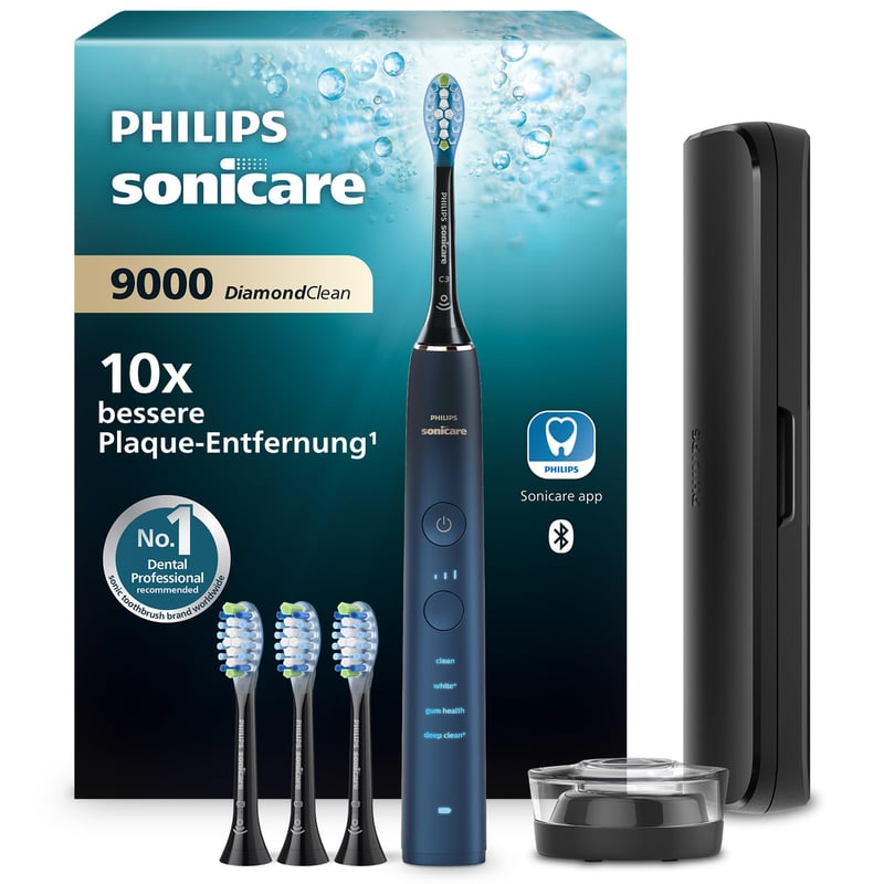 Periuță de dinți electrică Philips Sonicare DiamondClean 9000, cu 4 capete de periaj C3 Premium Plaque Defense, Aquamarine (HX9911/89)
