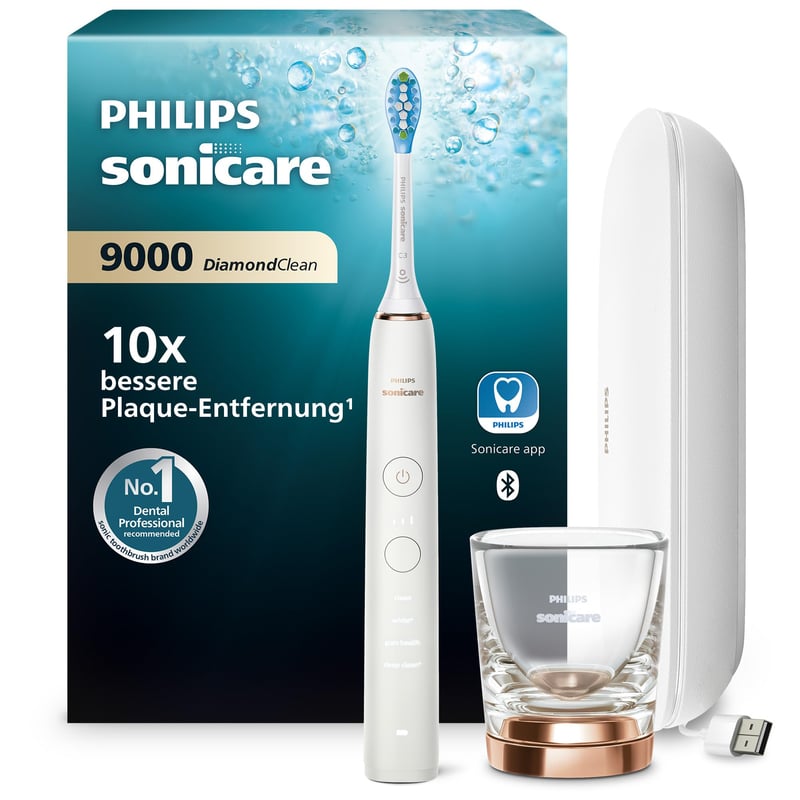 Periuță de dinți electrică Philips Sonicare DiamondClean 9000 HX9911/94 - 4 moduri de curățare, 3 intensități, senzor de presiune, pahar de încărcare, etui de transport USB, auriu roz