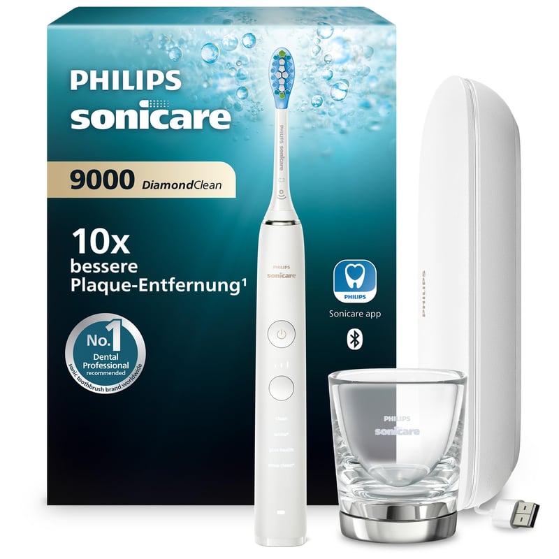 Periuță de dinți electrică Philips Sonicare DiamondClean 9000 HX9911/27, albă, aplicație, senzor de presiune, 4 moduri de curățare, 3 intensități, pahar de încărcare și etui de călătorie USB