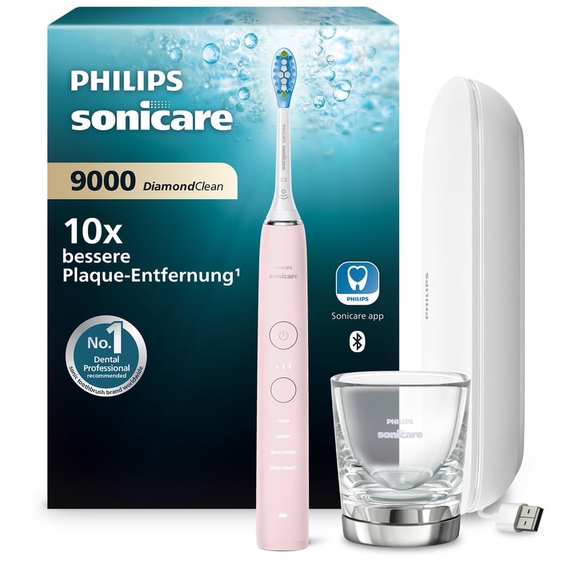 Periuță de dinți electrică Philips Sonicare DiamondClean 9000 HX9911/29 - 4 moduri de curățare, 3 intensități, aplicație, pahar de încărcare, etui USB, roz