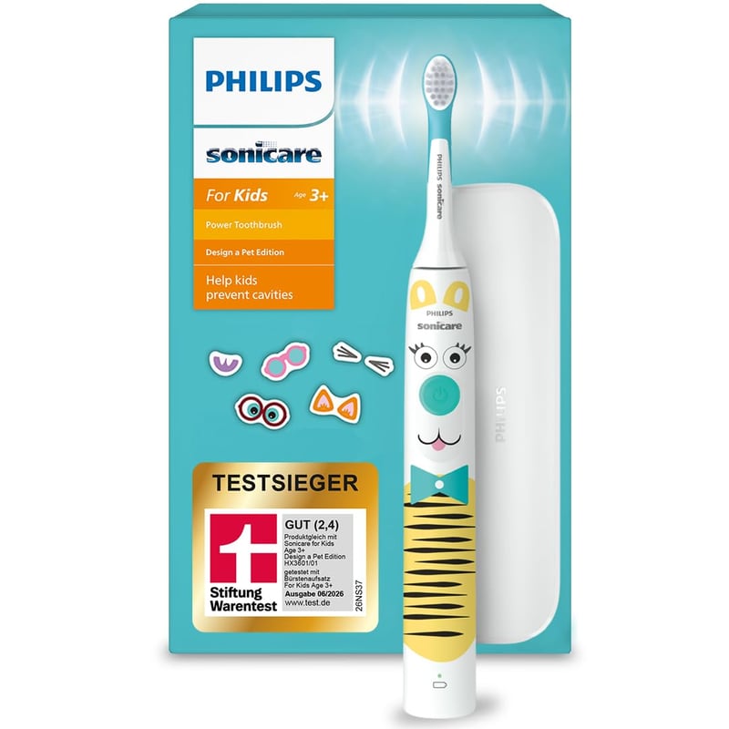 Periuță de dinți electrică pentru copii Philips Sonicare For Kids HX3603/01 - Ediția Design a Pet, cu stickere cu animale, husă de călătorie și încărcător USB