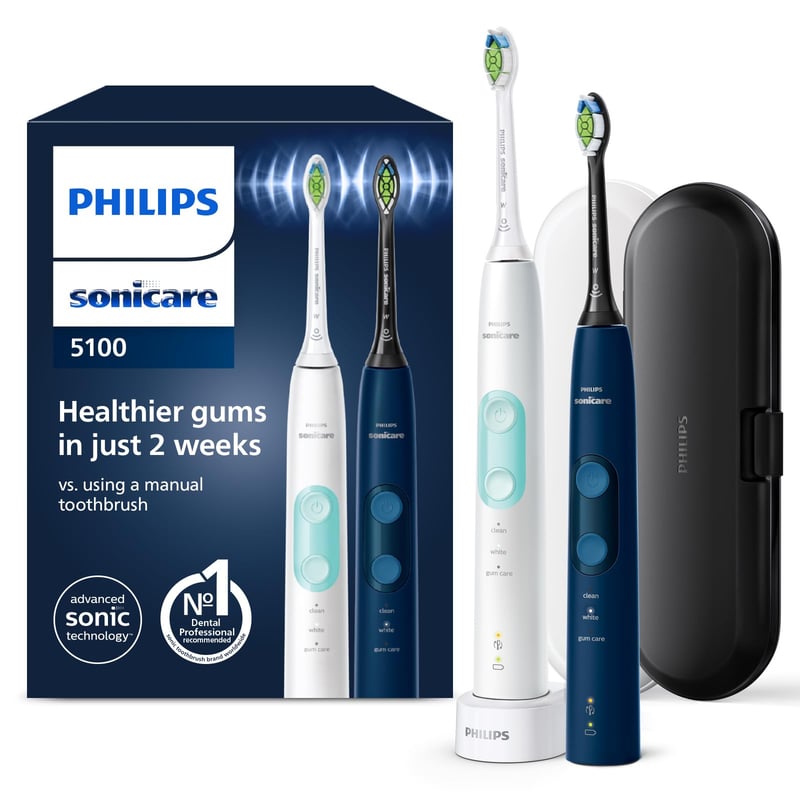 Set periuțe de dinți electrice Philips Sonicare ProtectiveClean 5100 HX6851/34 - 2 periuțe sonice, 3 moduri de curățare, senzor de presiune, etui de călătorie, alb/albastru